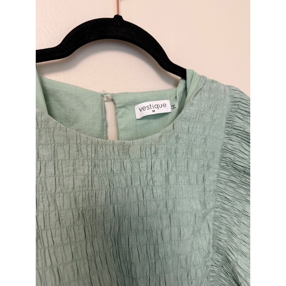 Vestique Sage Green Crinkle Ruffle Mini Dress Side Cut Out - Picture 4 of 10